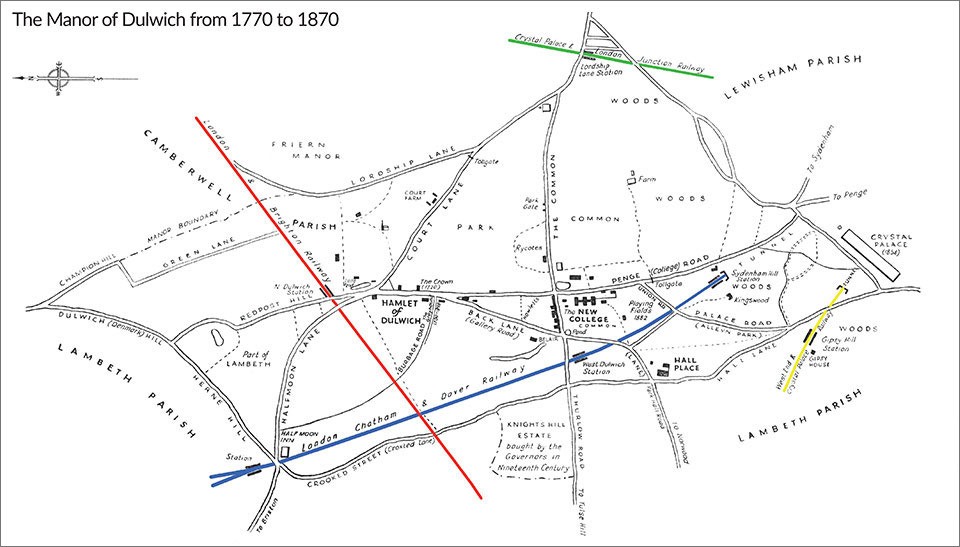 Map of the Manor of Dulwich from 1770 to 1870